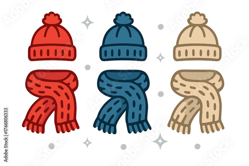 Colorful knitted winter hats and scarves set for cold weather apparel
