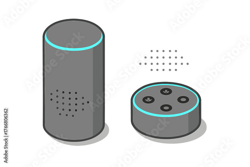 Isometric smart speaker and control puck showing voice activation and home automation technology