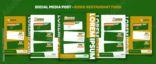 Sushi social media post template with price list in green white background