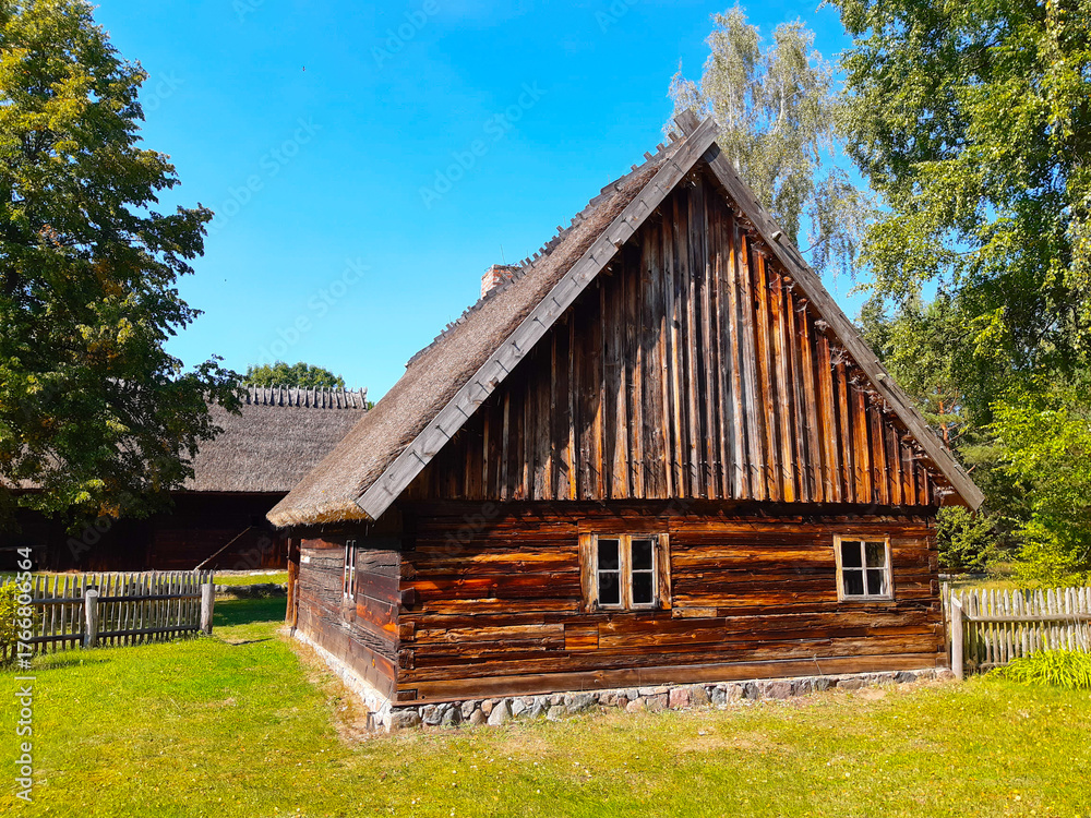 Fototapeta premium Thatched roof cottage nestled in idyllic countryside