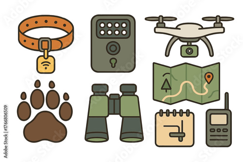 Essential equipment set for wildlife conservation, animal tracking, and ecological research