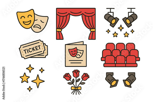 Theatrical and cinema performance elements including masks, curtain, seats, and tickets