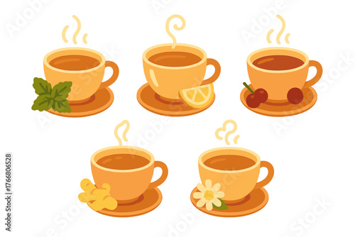 Collection of steaming hot herbal tea cups with natural flavorings lemon mint ginger chamomile
