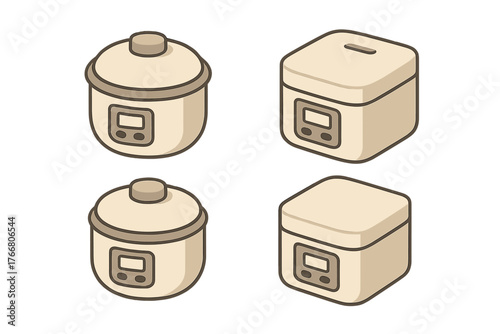Collection of four modern electric rice cookers with digital displays and controls in isometric view