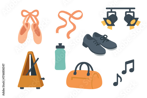 Set of icons representing dance music and theater performance items like shoes metronome and lights