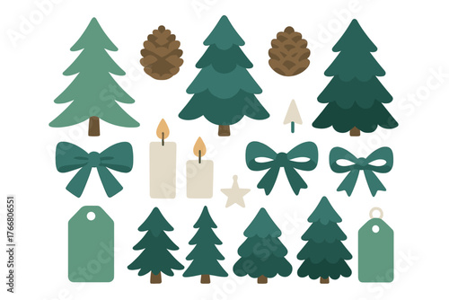 Festive winter holiday elements collection with evergreen trees, pine cones, and burning candles