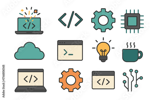 Colorful flat icons representing software development, coding, and digital technology concepts