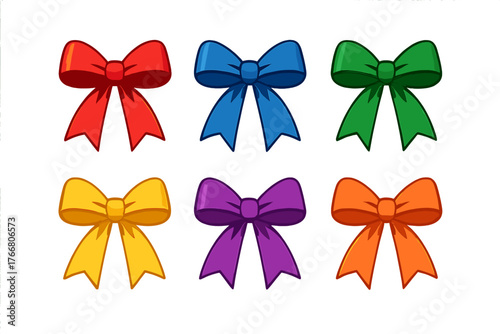 Six bright decorative ribbon bows in red, blue, green, yellow, purple, and orange colors