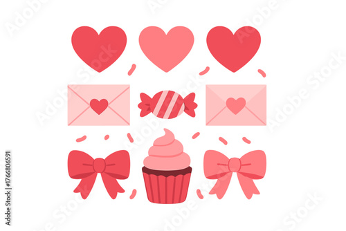 Romantic hearts, envelopes, bows, candy, and cupcake set for Valentine's Day