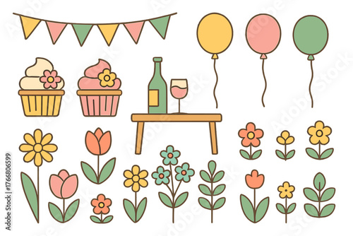 Cute retro style picnic and party elements set with balloons cupcakes wine and spring flowers