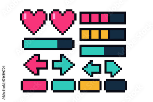 Retro pixel art game interface elements hearts health bars and directional arrows