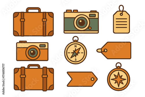 Set of vintage travel icons featuring suitcases retro cameras compasses and luggage tags