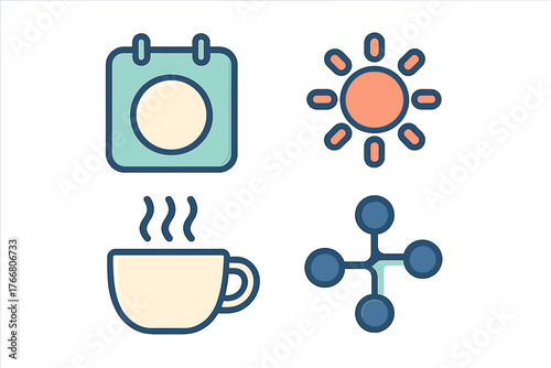 Collection of essential daily icons featuring a calendar, bright sun, steaming coffee mug, and abstract connection symbol