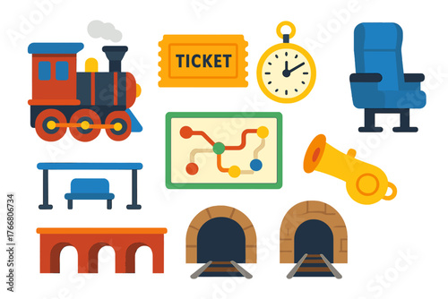 Colorful railway and train travel elements set featuring locomotive, ticket, map, and tunnel symbols