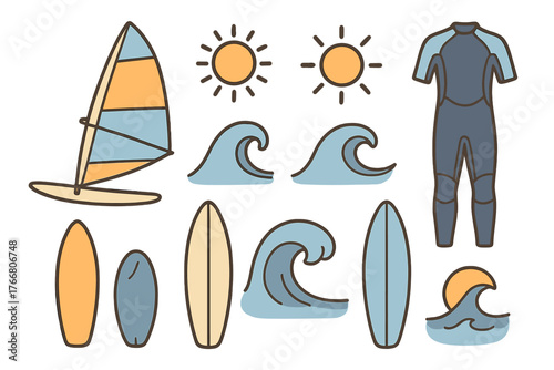 Set of summer water sports gear including surfboards, wetsuit, windsurfing, sun, and ocean waves