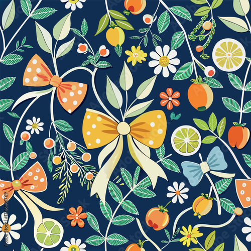 Seamless pattern of citrus fruits, green leaves, and decorative bows on a light blue background.