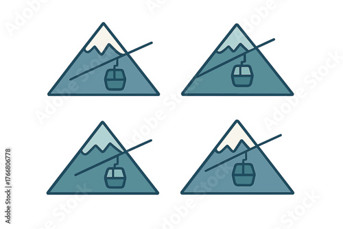 Simple graphic symbols of snowy mountains and aerial tramway gondolas for winter travel
