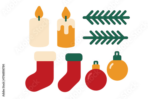 Festive Christmas and winter holiday items set with candles, stockings, ornaments, and pine branches