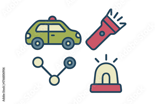 Set of graphic elements representing security, emergency, and forensic analysis tools