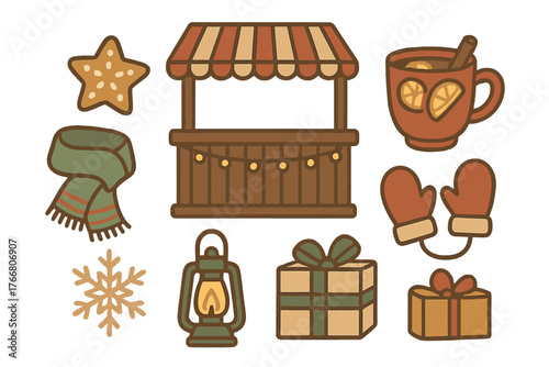 Cozy winter market stall with festive gifts, warm drink, scarf, and holiday decorations