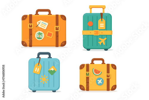 Four colorful travel luggage bags with vacation stickers and identification tags