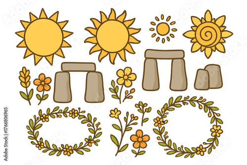 Stylized summer solstice symbols featuring sun ancient stone structures and floral wreaths