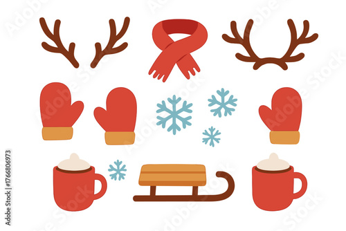 Cozy winter holiday set with reindeer antlers, red scarf, mittens, snowflakes, sled, and hot cocoa mugs