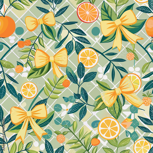 Seamless pattern of citrus fruits, green leaves, and decorative bows on a light blue background.