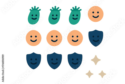 Cute smiling abstract shapes set with germs, circles, and shields for security and health