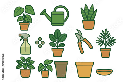 Essentials for indoor gardening and houseplant care including tools and potted plants