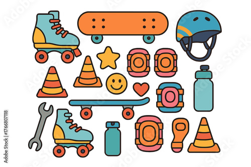 Colorful collection of roller skates, skateboards, protective gear, and accessories for urban street sports