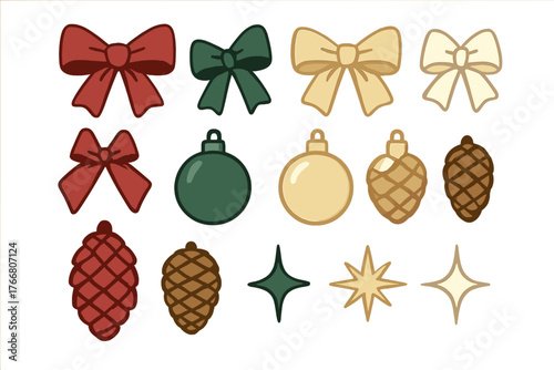 Festive Christmas bows, ornaments, pinecones, and sparkling stars in traditional holiday colors