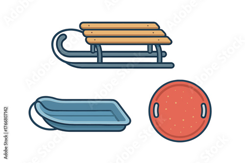 Set of classic wooden sled, plastic toboggan, and saucer sled used for winter recreation