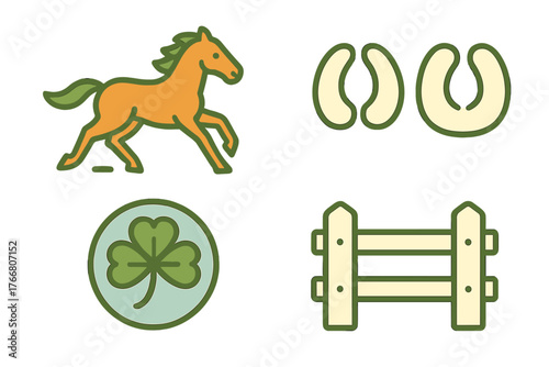Set of equestrian and luck symbols including running horse horseshoe and clover