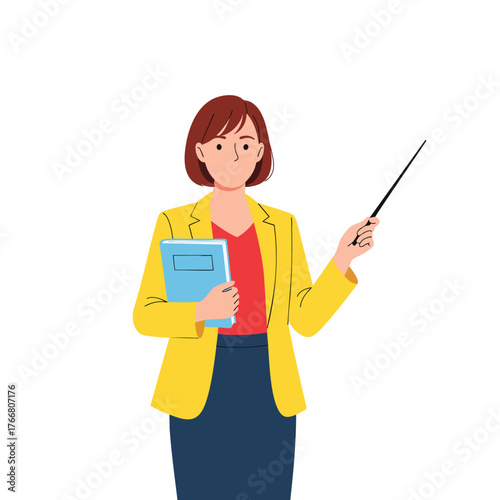 Female teacher in a yellow blazer holding a book and pointer stick for a presentation.