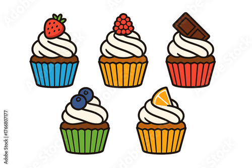 Delicious decorated cupcakes featuring strawberry raspberry blueberry orange and chocolate flavors