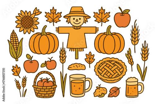 Autumn harvest elements including pumpkins, scarecrow, sunflower, wheat, and seasonal food items