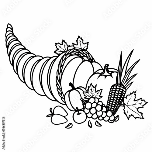 Line art of a Thanksgiving cornucopia overflowing with pumpkins, corn, grapes, and autumn leaves, clean white background