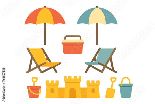 Colorful set of summer beach items including sun umbrellas deck chairs cooler and sand toys