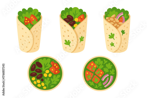 Colorful Mexican burritos and open wrap bowls with fresh ingredients set on white background