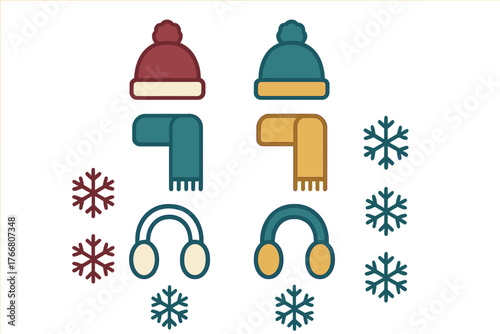 Collection of warm winter apparel including beanies, scarves, earmuffs, and decorative snowflakes