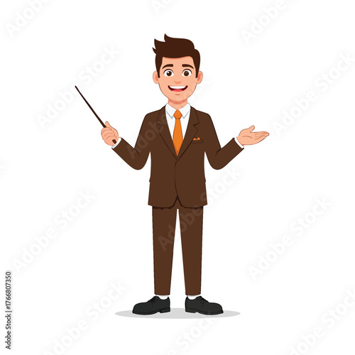 Friendly young businessman in a brown suit giving a presentation holding a pointer stick and gesturing.