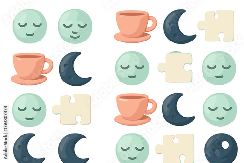 Seamless repeating background pattern with cute 3D icons of sleeping faces coffee cups and puzzle pieces