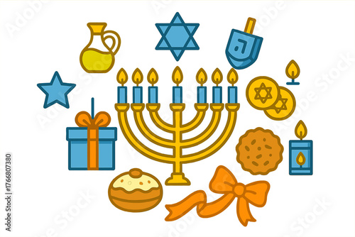 Jewish Hanukkah holiday symbols set with menorah, dreidel, latke, and gelt coins