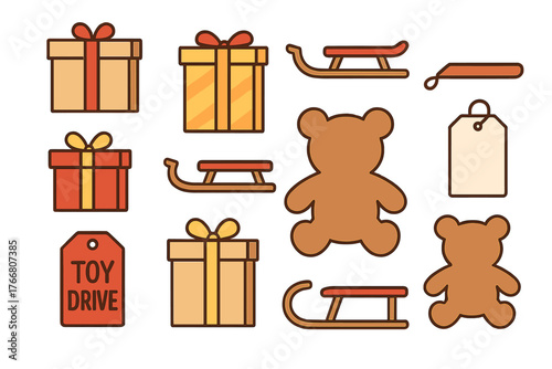 Wrapped gift boxes, teddy bears, wooden sleds, and tags for seasonal holiday charity donation