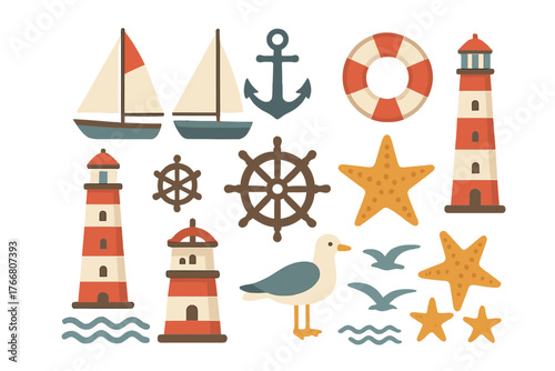 Nautical design elements set featuring sailboats, anchors, lighthouses, ship wheels, and starfish