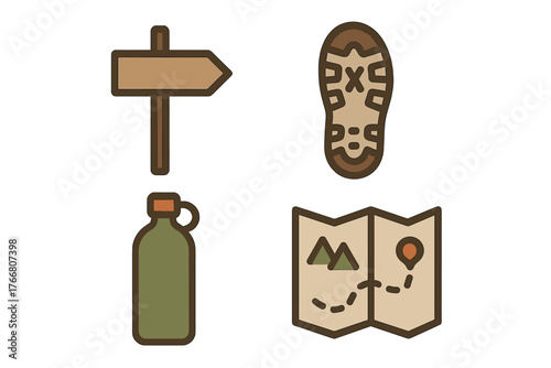 Set of hiking and camping icons featuring signpost, boot print, water bottle, and trail map