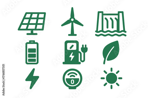 Sustainable energy icons set featuring solar panel wind turbine and electric vehicle charging station