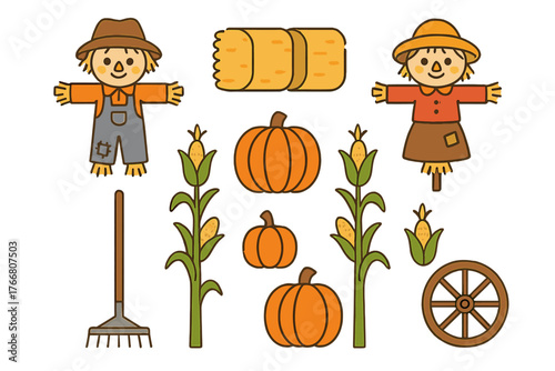 Cute autumn harvest elements set featuring scarecrows pumpkins corn stalks and farm equipment
