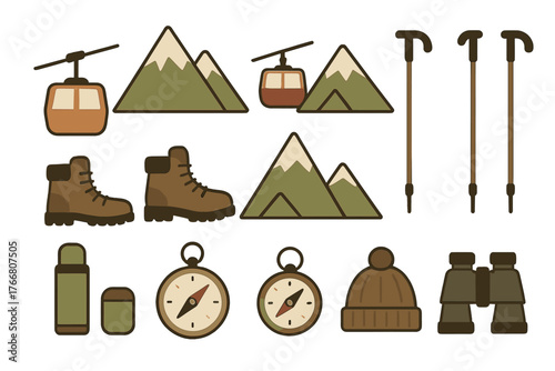 Essential equipment and natural elements for mountain climbing, hiking, and outdoor adventure travel